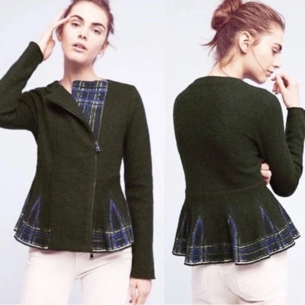 HWR Lelia Rare Anthropologie Green Plaid Peplum Zip Sweater Cardigan Jacket XS